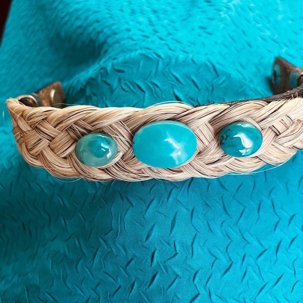 Genuine oval turquoise stones bracelet, braided horse hair on a leather strap